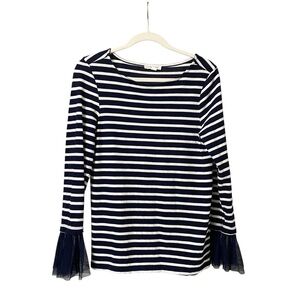 BeachLunchLounge navy blue white striped long sleeve cotton mesh cuff shirt S